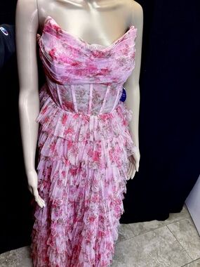 NEW Romantic Pink Floral Corset Maxi Dress – Ruffle Layered Soft Glam